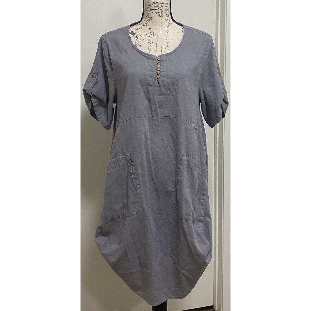 Womens Dress Medium Gray Linen Blend Over Sized Pockets Midi
